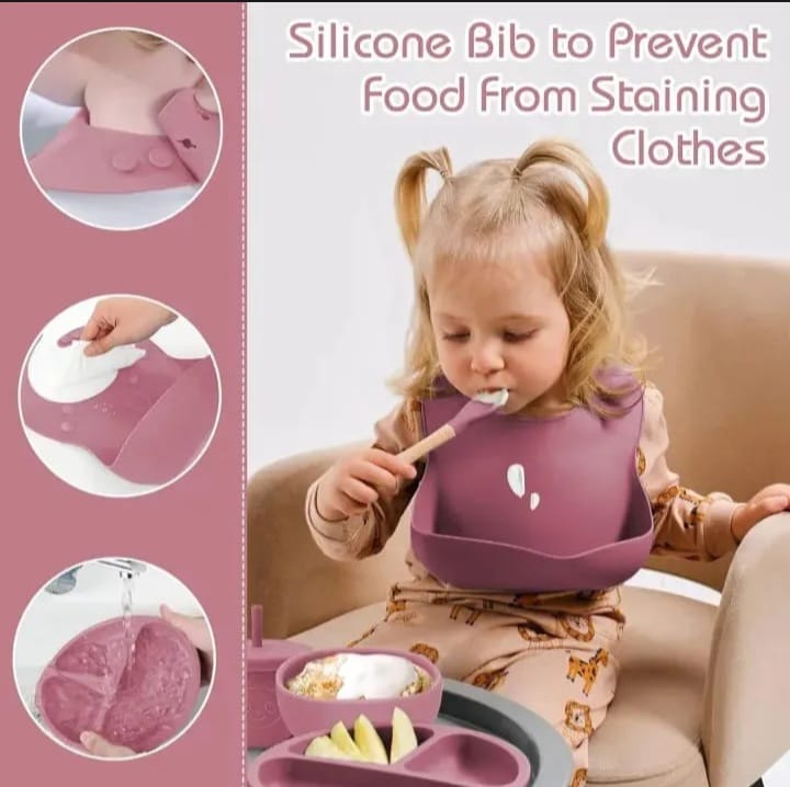 Premium 6Pcs Silicone Baby Feeding Set with Suction Plate & Bowl - Free Delivery
