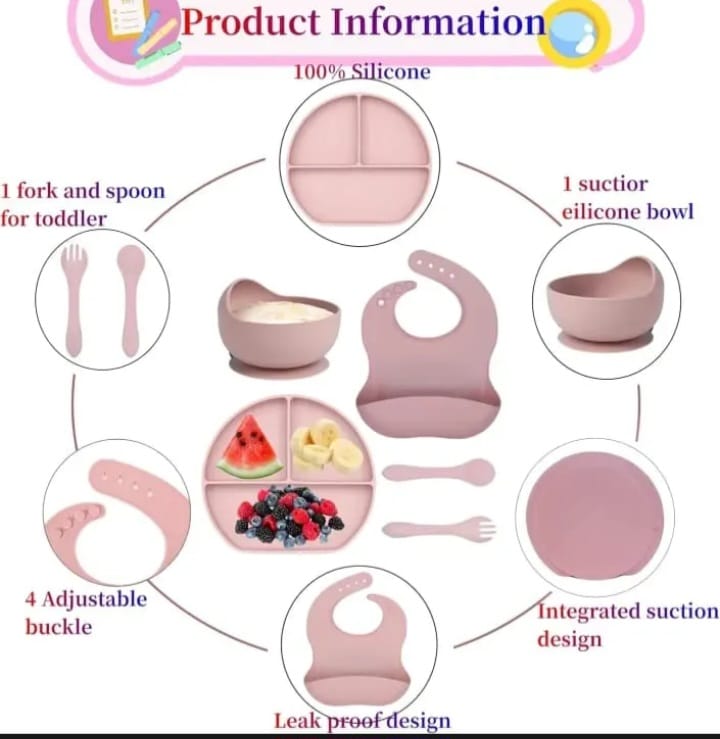 Premium 6Pcs Silicone Baby Feeding Set with Suction Plate & Bowl - Free Delivery